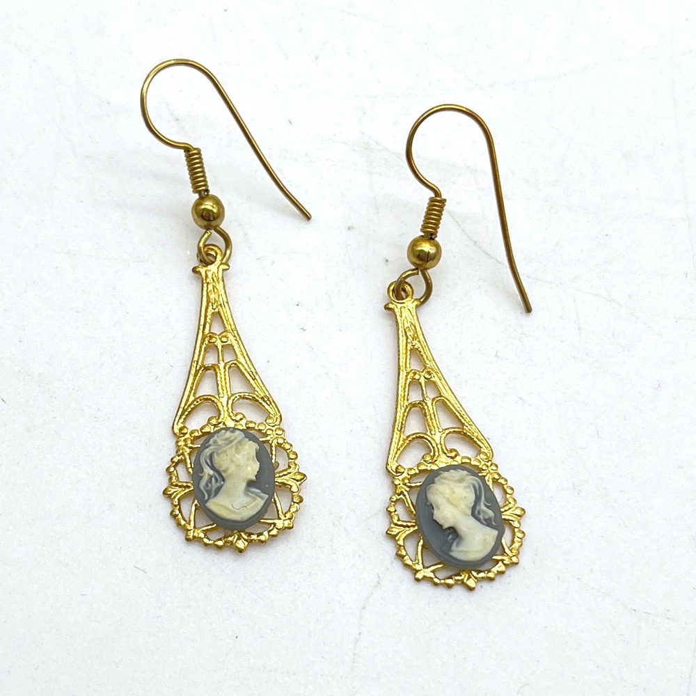 Vintage Gold Filigree Cameo Drop Earrings Victorian Dangle 2 Inch